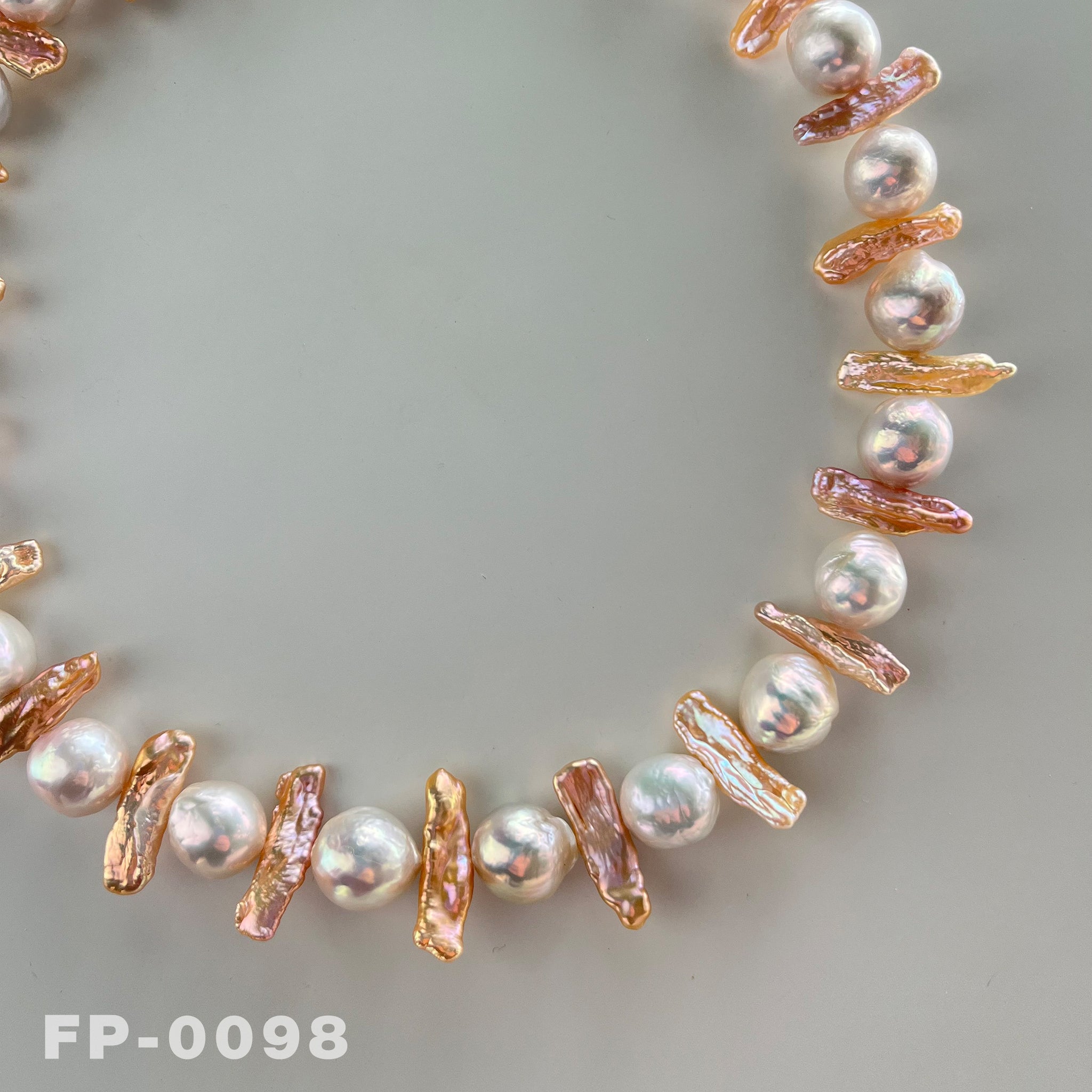 18.5 " Large Natural Freshwater White Edison Pearl and Gold Biwa Pearl Necklace（FP-0098)