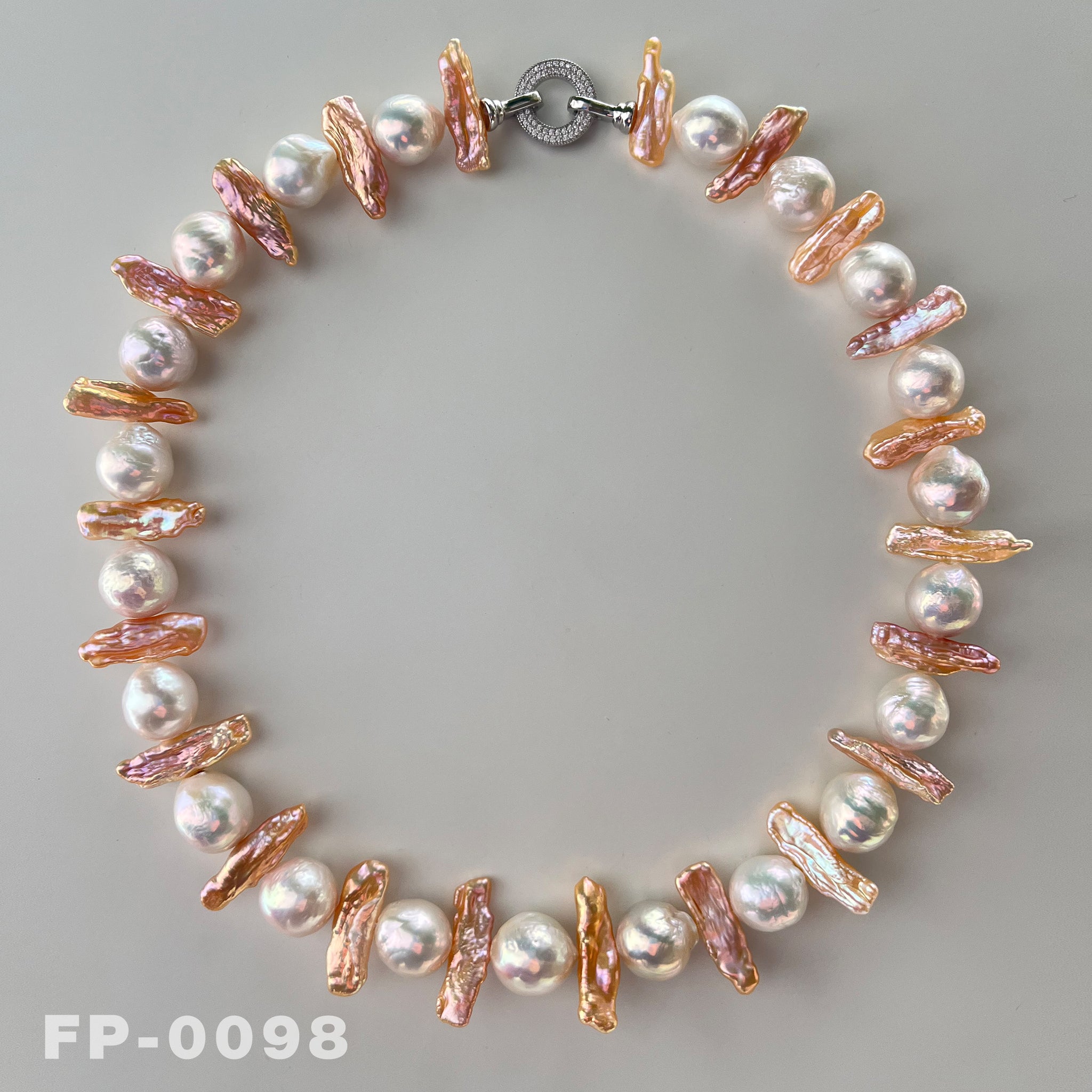 18.5 " Large Natural Freshwater White Edison Pearl and Gold Biwa Pearl Necklace（FP-0098)